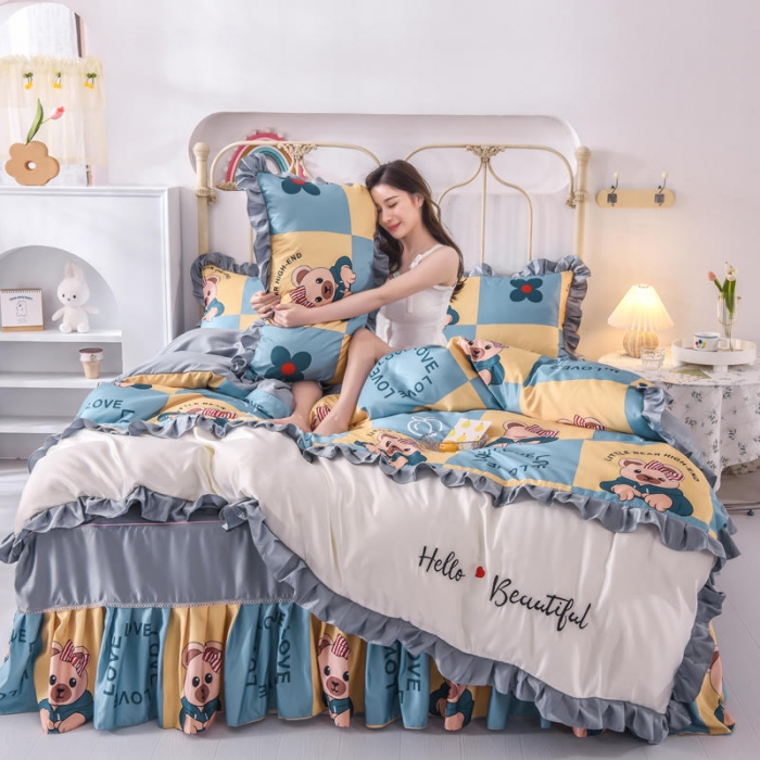 91家纺网 家纺一手货源 找家纺 (总)欧冠 2022新款水洗真丝床裙款刺绣印花四件套