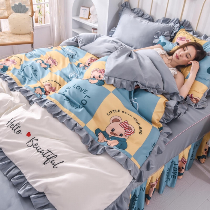 91家纺网 家纺一手货源 找家纺 (总)欧冠 2022新款水洗真丝床裙款刺绣印花四件套