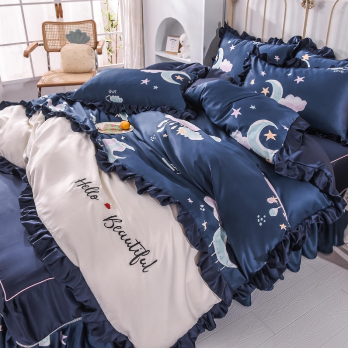 91家纺网 家纺一手货源 找家纺 欧冠 2022新款水洗真丝床裙款刺绣印花四件套 蓝月亮