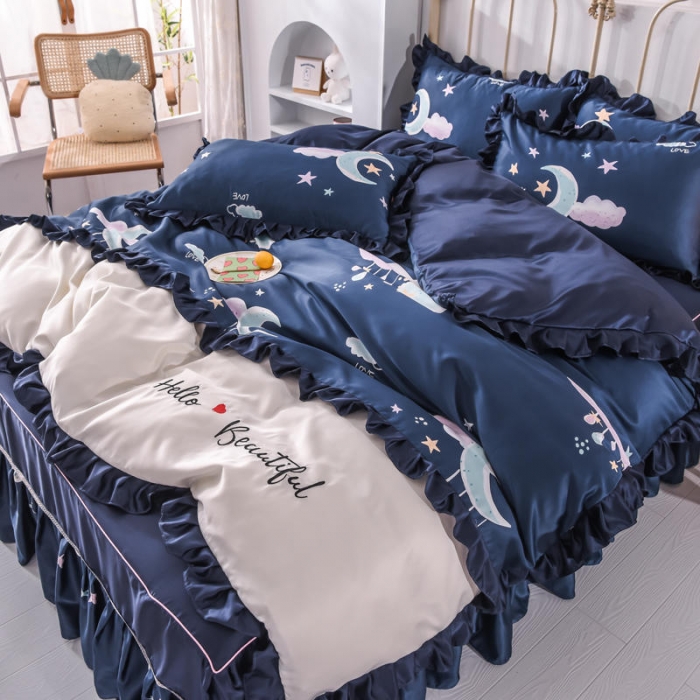 91家纺网 家纺一手货源 找家纺 欧冠 2022新款水洗真丝床裙款刺绣印花四件套 蓝月亮