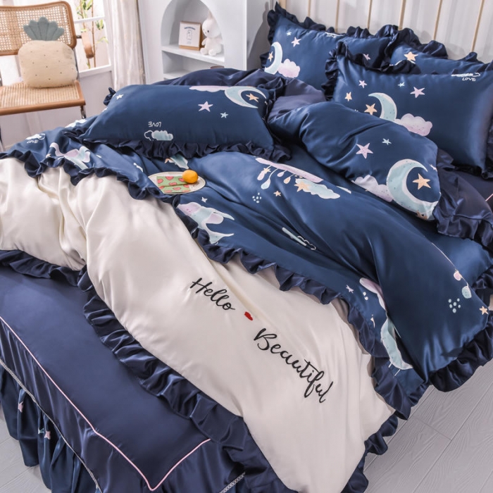 91家纺网 家纺一手货源 找家纺 欧冠 2022新款水洗真丝床裙款刺绣印花四件套 蓝月亮