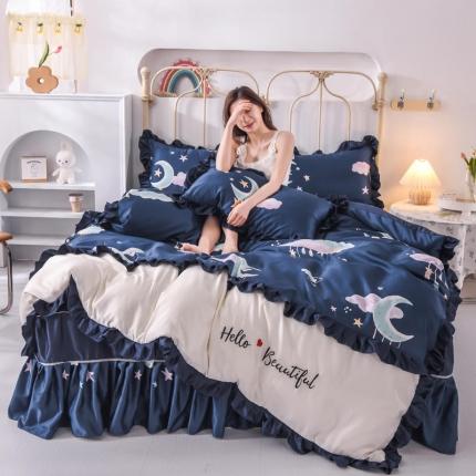 欧冠 2022新款水洗真丝床裙款刺绣印花四件套 蓝月亮