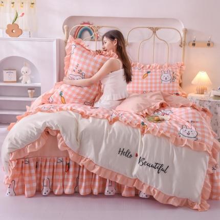 欧冠 2022新款水洗真丝床裙款刺绣印花四件套 小白兔