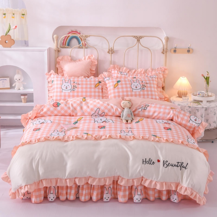 91家纺网 家纺一手货源 找家纺 欧冠 2022新款水洗真丝床裙款刺绣印花四件套 小白兔