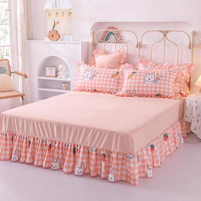 91家纺网 家纺一手货源 找家纺 欧冠 2022新款水洗真丝床裙款刺绣印花四件套 小白兔