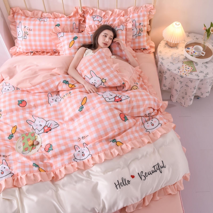 91家纺网 家纺一手货源 找家纺 欧冠 2022新款水洗真丝床裙款刺绣印花四件套 小白兔