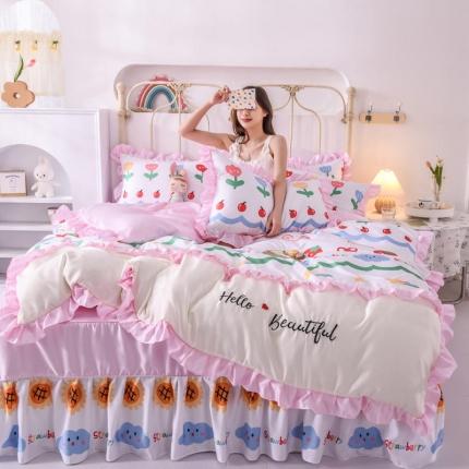 欧冠 2022新款水洗真丝床裙款刺绣印花四件套 小草莓