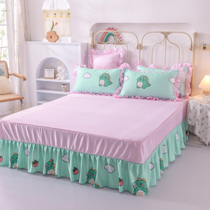 91家纺网 家纺一手货源 找家纺 欧冠 2022新款水洗真丝床裙款刺绣印花四件套 小恐龙