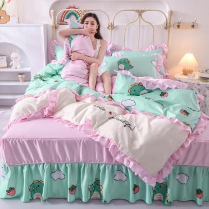 欧冠 2022新款水洗真丝床裙款刺绣印花四件套 小恐龙