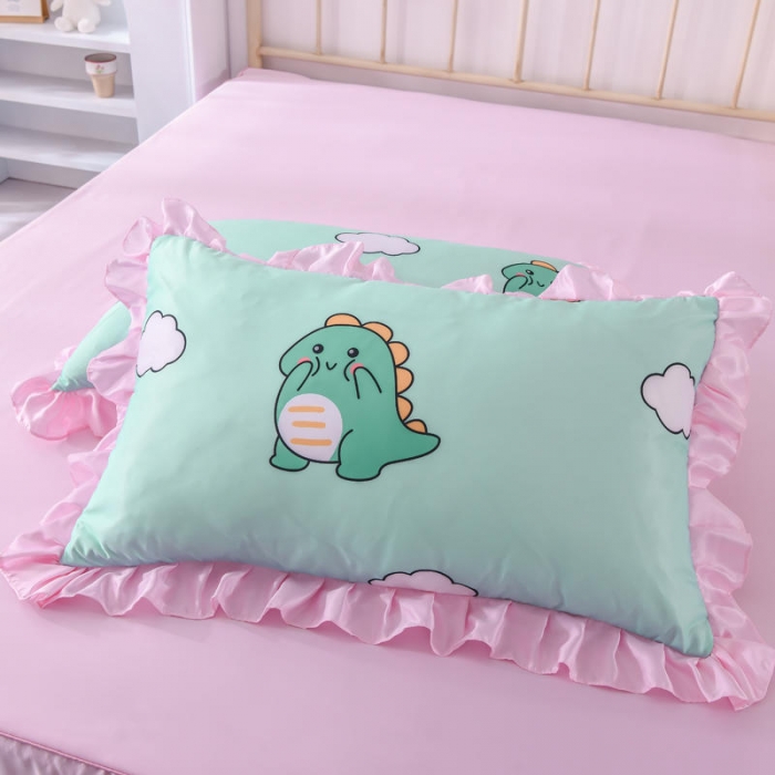 91家纺网 家纺一手货源 找家纺 欧冠 2022新款水洗真丝床裙款刺绣印花四件套 小恐龙