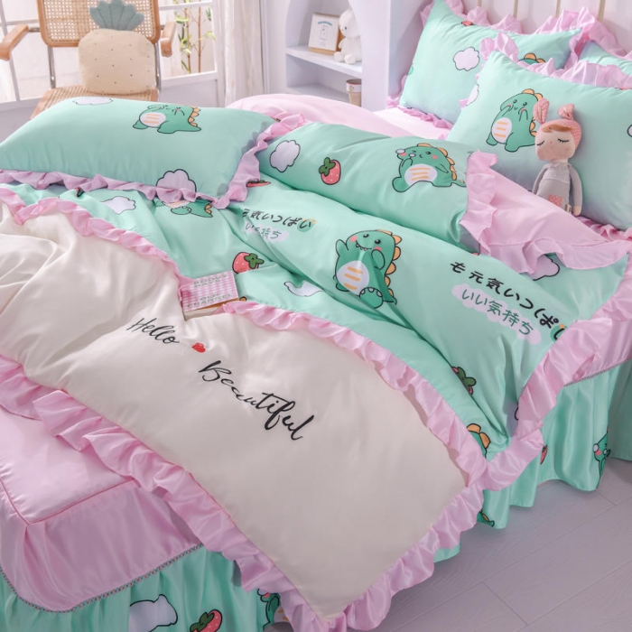 91家纺网 家纺一手货源 找家纺 欧冠 2022新款水洗真丝床裙款刺绣印花四件套 小恐龙