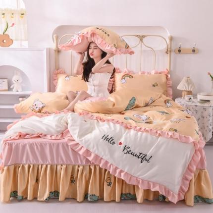 欧冠 2022新款水洗真丝床裙款刺绣印花四件套 小奶牛