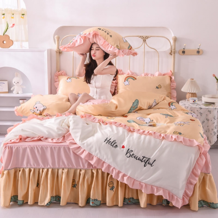 91家纺网 家纺一手货源 找家纺 欧冠 2022新款水洗真丝床裙款刺绣印花四件套 小奶牛