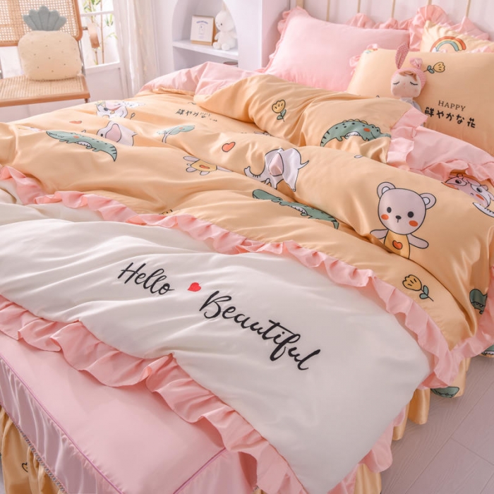 91家纺网 家纺一手货源 找家纺 欧冠 2022新款水洗真丝床裙款刺绣印花四件套 小奶牛