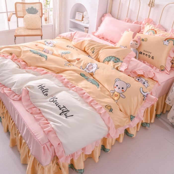 91家纺网 家纺一手货源 找家纺 欧冠 2022新款水洗真丝床裙款刺绣印花四件套 小奶牛