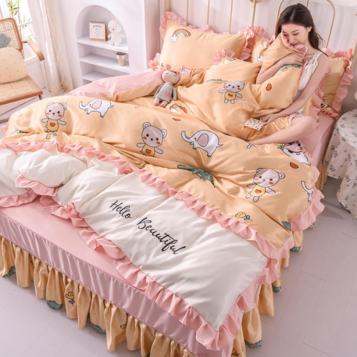 91家纺网 家纺一手货源 找家纺 欧冠 2022新款水洗真丝床裙款刺绣印花四件套 小奶牛