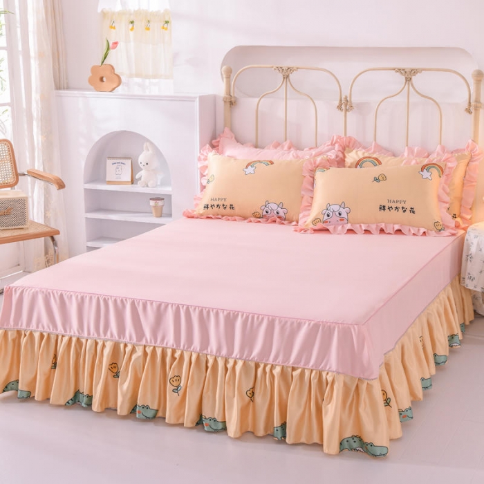 91家纺网 家纺一手货源 找家纺 欧冠 2022新款水洗真丝床裙款刺绣印花四件套 小奶牛