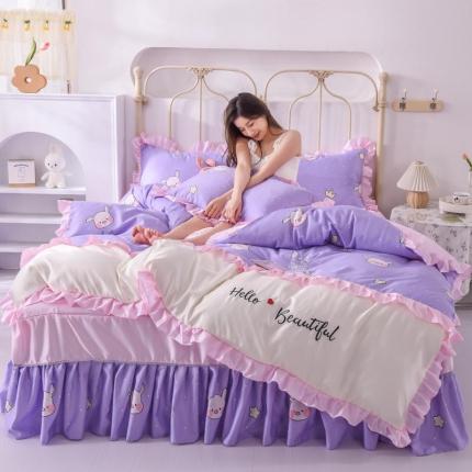 欧冠 2022新款水洗真丝床裙款刺绣印花四件套 小淘气