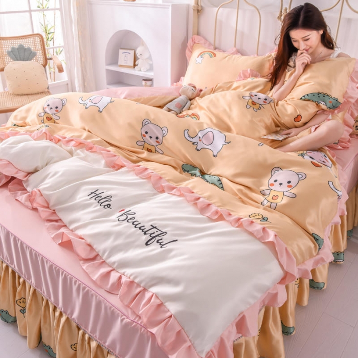 91家纺网 家纺一手货源 找家纺 欧冠 2022新款水洗真丝床裙款刺绣印花四件套 小奶牛