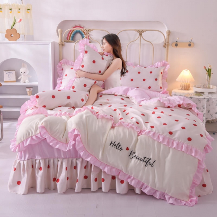 91家纺网 家纺一手货源 找家纺 欧冠 2022新款水洗真丝床裙款刺绣印花四件套 小圆点