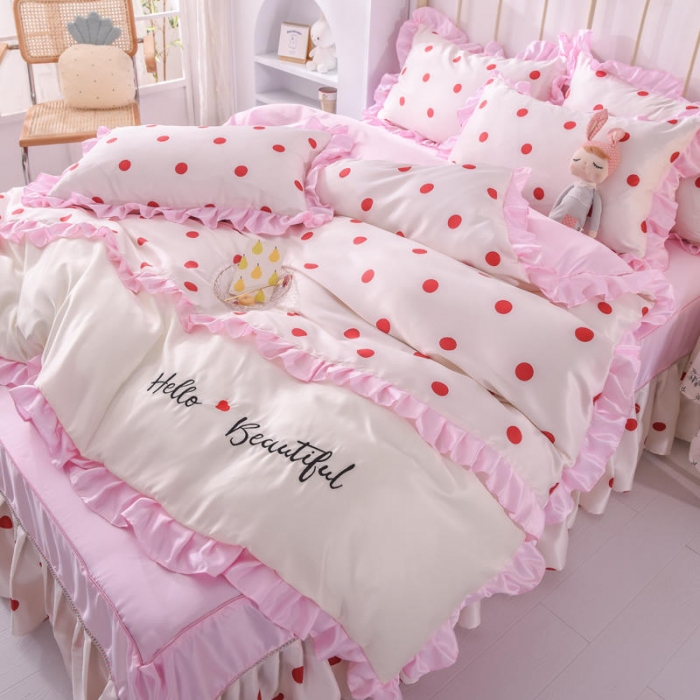 91家纺网 家纺一手货源 找家纺 欧冠 2022新款水洗真丝床裙款刺绣印花四件套 小圆点