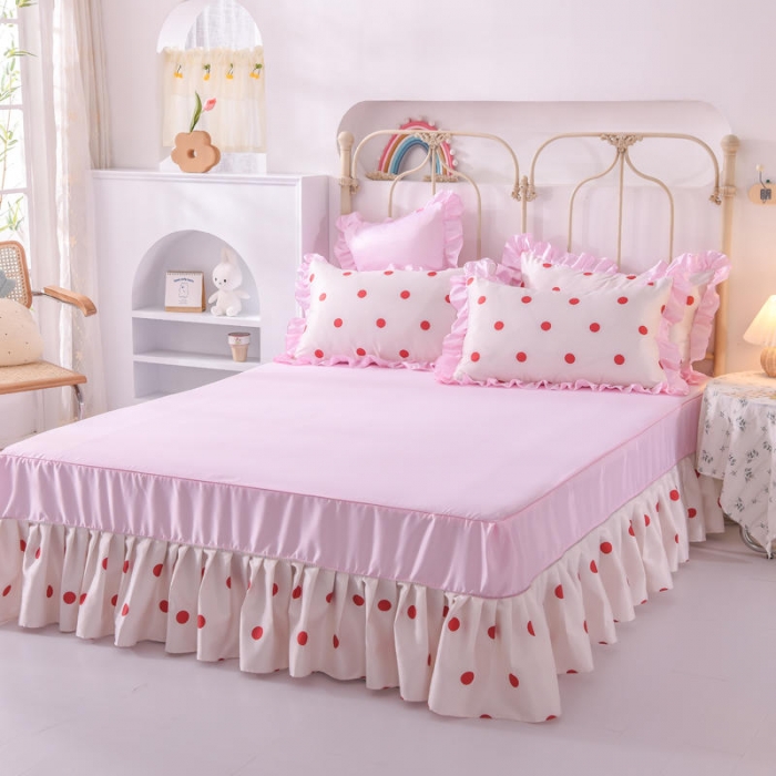 91家纺网 家纺一手货源 找家纺 欧冠 2022新款水洗真丝床裙款刺绣印花四件套 小圆点