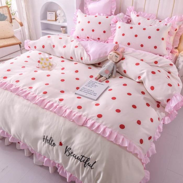 91家纺网 家纺一手货源 找家纺 欧冠 2022新款水洗真丝床裙款刺绣印花四件套 小圆点