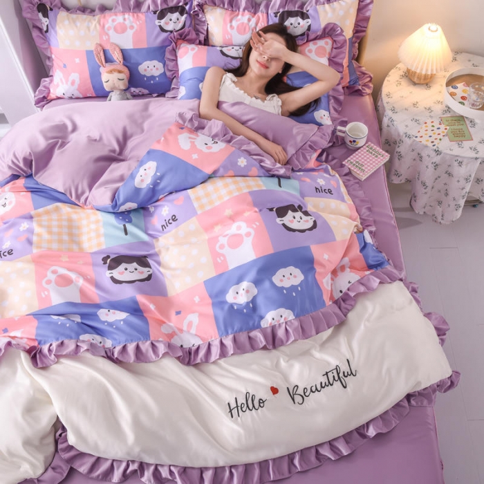 91家纺网 家纺一手货源 找家纺 欧冠 2022新款水洗真丝床裙款刺绣印花四件套 小云朵