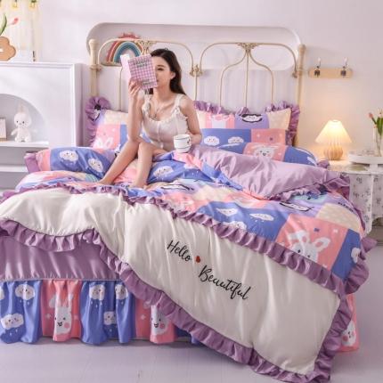 欧冠 2022新款水洗真丝床裙款刺绣印花四件套 小云朵