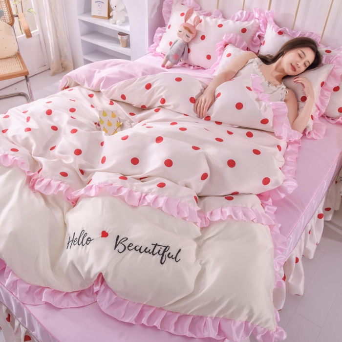 91家纺网 家纺一手货源 找家纺 欧冠 2022新款水洗真丝床裙款刺绣印花四件套 小圆点