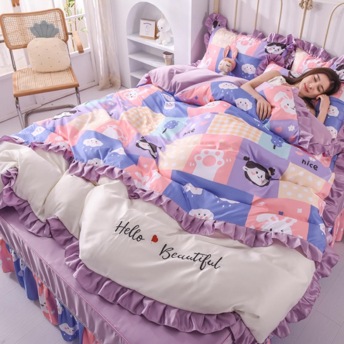 91家纺网 家纺一手货源 找家纺 欧冠 2022新款水洗真丝床裙款刺绣印花四件套 小云朵