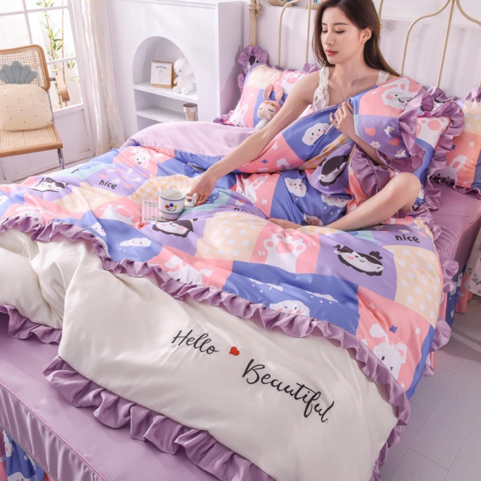 91家纺网 家纺一手货源 找家纺 欧冠 2022新款水洗真丝床裙款刺绣印花四件套 小云朵