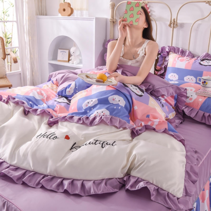 91家纺网 家纺一手货源 找家纺 欧冠 2022新款水洗真丝床裙款刺绣印花四件套 小云朵