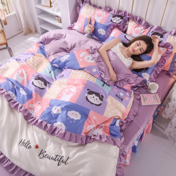 91家纺网 家纺一手货源 找家纺 欧冠 2022新款水洗真丝床裙款刺绣印花四件套 小云朵