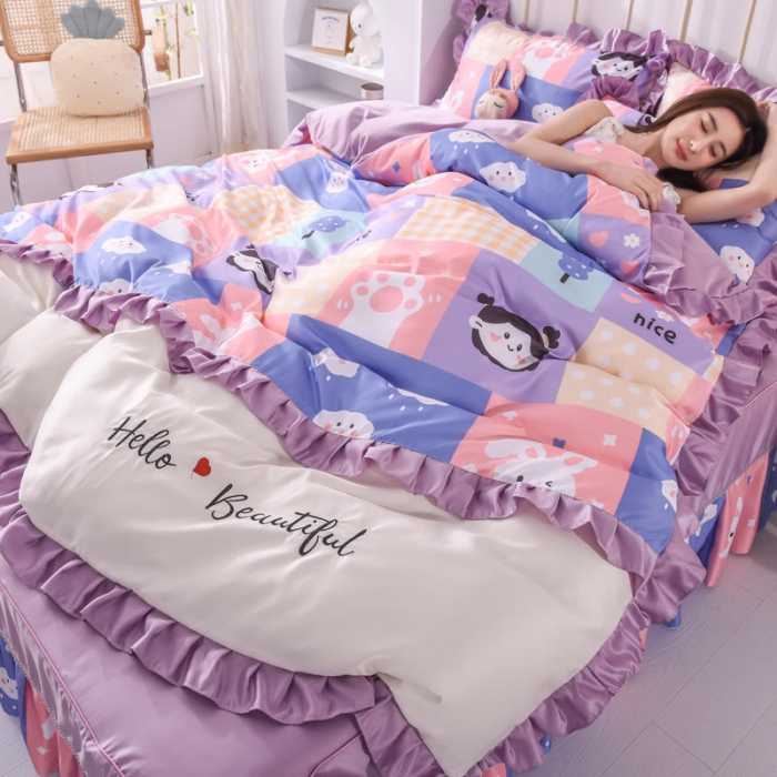 91家纺网 家纺一手货源 找家纺 欧冠 2022新款水洗真丝床裙款刺绣印花四件套 小云朵