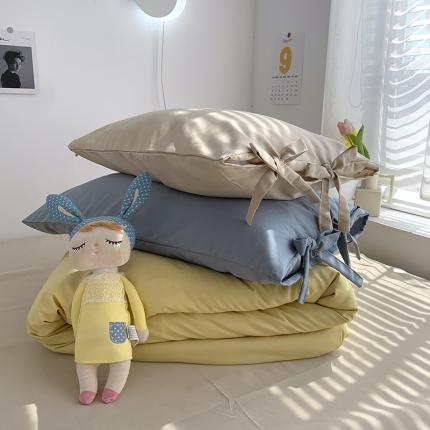 91家纺网 家纺一手货源 找家纺 曼谷新款美棉磨毛纯色系带蝴蝶结四件套 布丁奶茶海盐（系带款）