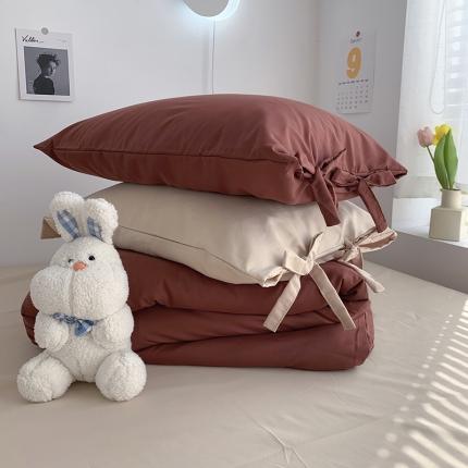 91家纺网 家纺一手货源 找家纺 曼谷家纺 新款美棉磨毛纯色系带混搭拼色蝴蝶结四件套 焦糖奶茶（系带款）