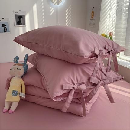 91家纺网 家纺一手货源 找家纺 曼谷家纺 新款美棉磨毛纯色系带混搭拼色蝴蝶结四件套 桃桃奶昔（系带款）