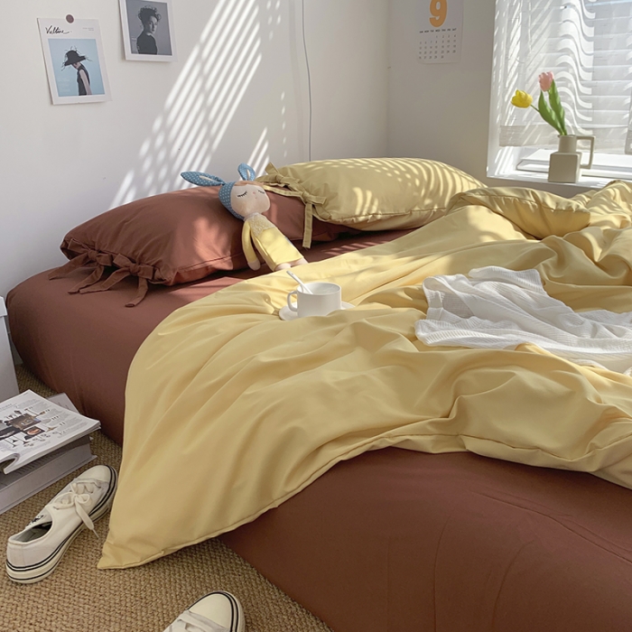 91家纺网 家纺一手货源 找家纺 总曼谷家纺 新款美棉磨毛纯色系带混搭拼色蝴蝶结四件套