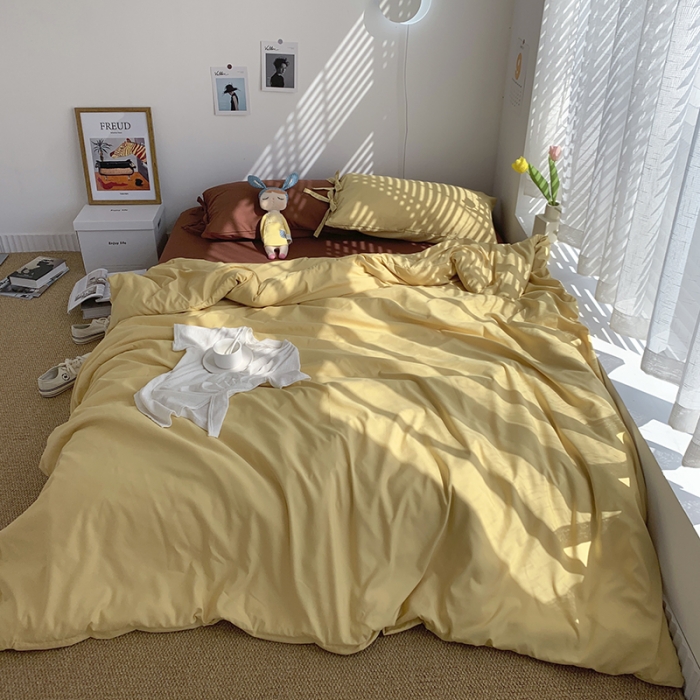 91家纺网 家纺一手货源 找家纺 总曼谷家纺 新款美棉磨毛纯色系带混搭拼色蝴蝶结四件套