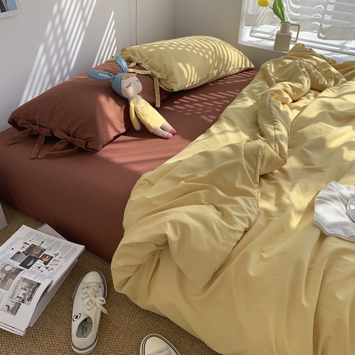 91家纺网 家纺一手货源 找家纺 总曼谷家纺 新款美棉磨毛纯色系带混搭拼色蝴蝶结四件套