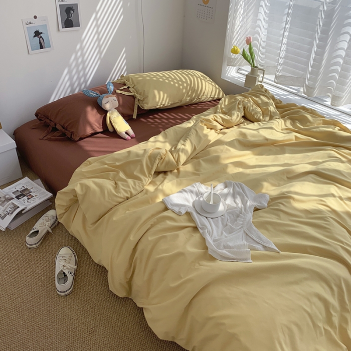 91家纺网 家纺一手货源 找家纺 总曼谷家纺 新款美棉磨毛纯色系带混搭拼色蝴蝶结四件套