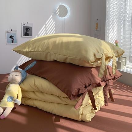 曼谷家纺 新款美棉磨毛纯色系带混搭拼色蝴蝶结四件套 布丁焦糖（系带款）