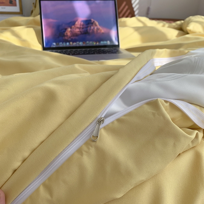 91家纺网 家纺一手货源 找家纺 曼谷家纺 新款美棉磨毛纯色系带混搭拼色蝴蝶结四件套 布丁焦糖（系带款）