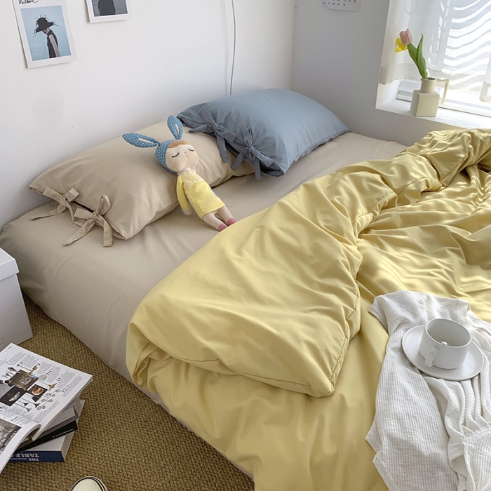 91家纺网 家纺一手货源 找家纺 曼谷新款美棉磨毛纯色系带蝴蝶结四件套 布丁奶茶海盐（系带款）