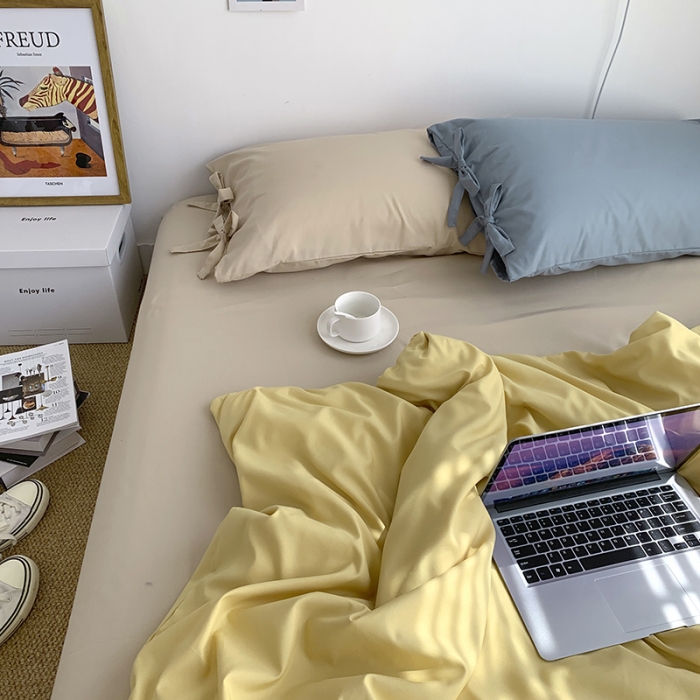 91家纺网 家纺一手货源 找家纺 曼谷新款美棉磨毛纯色系带蝴蝶结四件套 布丁奶茶海盐（系带款）