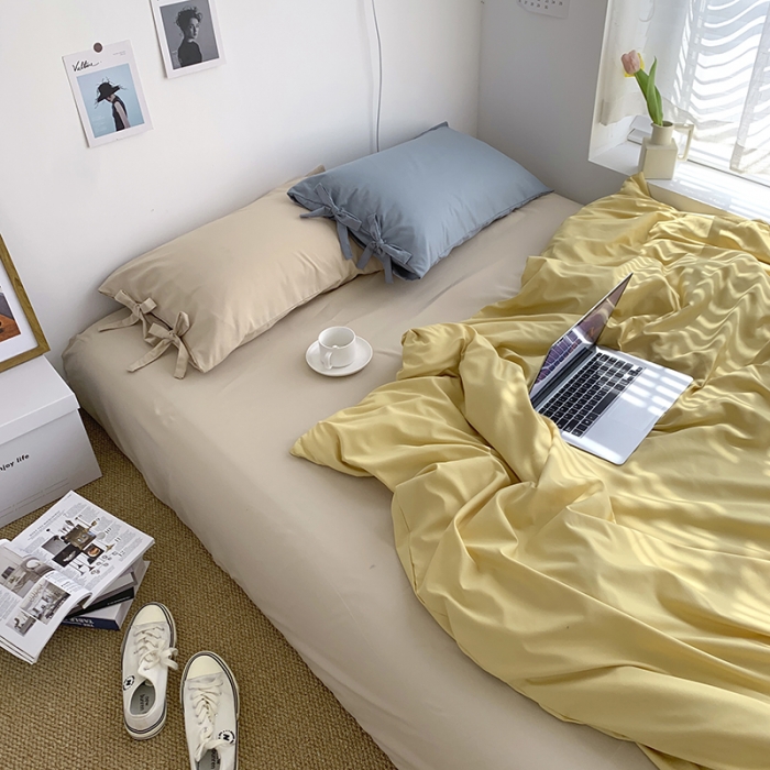 91家纺网 家纺一手货源 找家纺 曼谷新款美棉磨毛纯色系带蝴蝶结四件套 布丁奶茶海盐（系带款）