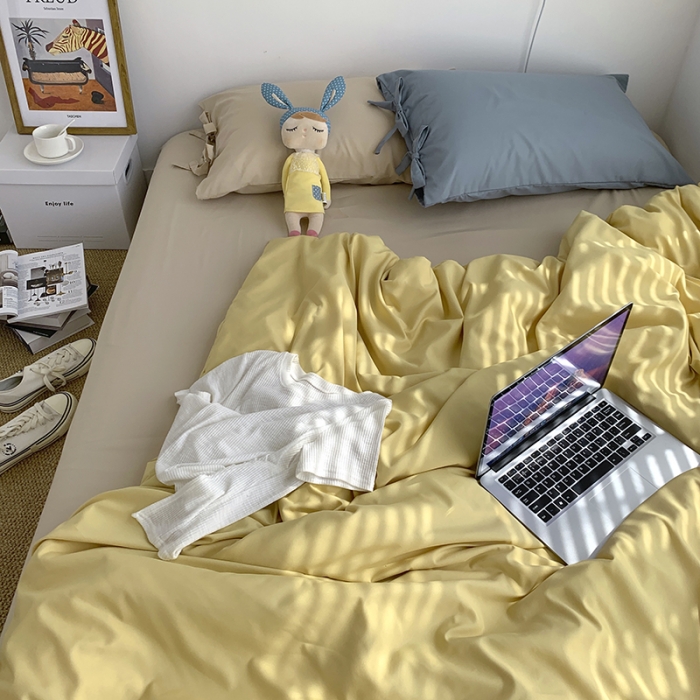 91家纺网 家纺一手货源 找家纺 曼谷新款美棉磨毛纯色系带蝴蝶结四件套 布丁奶茶海盐（系带款）