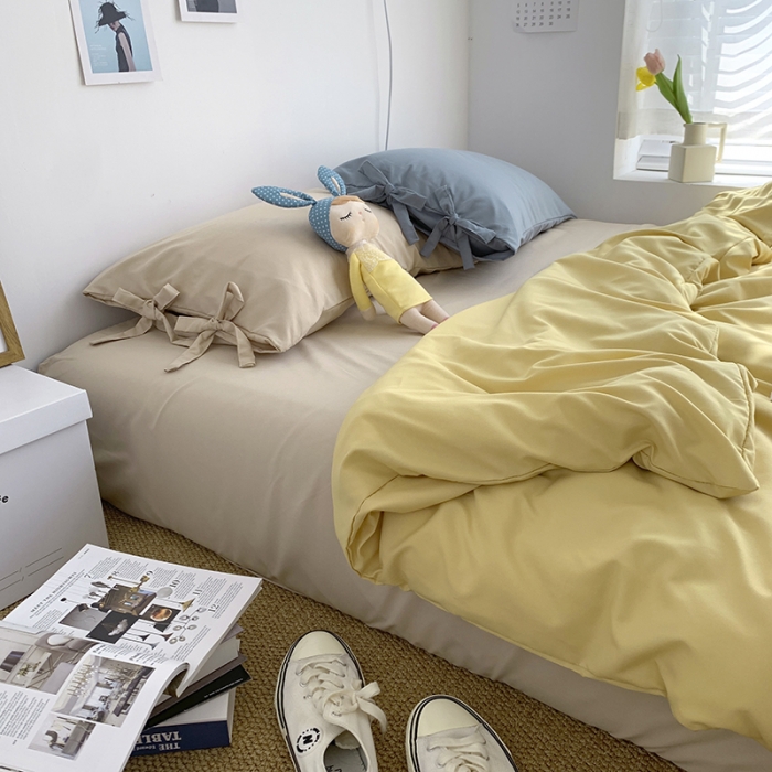 91家纺网 家纺一手货源 找家纺 曼谷新款美棉磨毛纯色系带蝴蝶结四件套 布丁奶茶海盐（系带款）