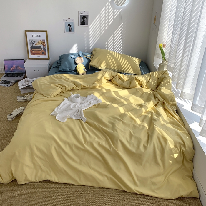 91家纺网 家纺一手货源 找家纺 曼谷家纺 新款美棉磨毛纯色系带混搭拼色蝴蝶结四件套 布丁月影兰（系带款）